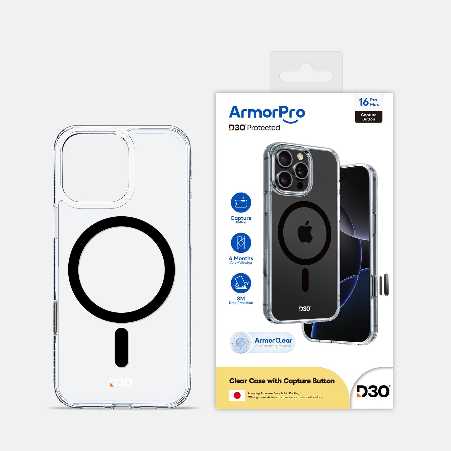 ArmorPro D3O Protected TPU+PC MagSafe Clear Case with Capture Button for iPhone 16 Pro & 16 Pro Max