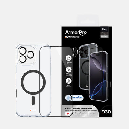 ArmorPro D3O 3-in-1 Combo (HD Anti-Reflective Screen Protector & DoubleAR Camera Lens & D3O Clear Case with Black MagSafe) for iPhone 16 Pro & iPhone 16 Pro Max