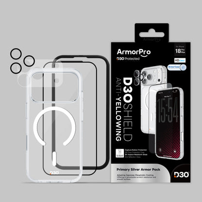 ArmorPro D3O 4-in-1 Combo with Capture Button  (HD Anti-Reflective Screen Protector & DoubleAR Camera Lens & D3O Clear Case with White MagSafe & Lens Module Protection Film) for iP18 Series