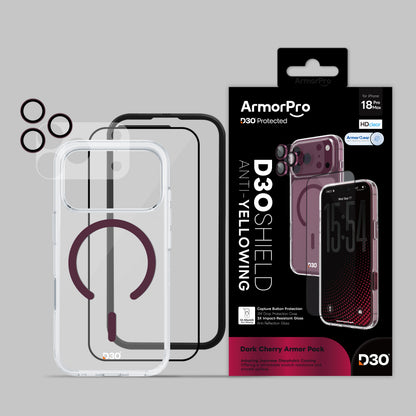ArmorPro D3O 4-in-1 Combo with Capture Button  (HD Anti-Reflective Screen Protector & DoubleAR Camera Lens & D3O Clear Case with Dark Cherry MagSafe & Lens Module Protection Film) for iP18 Series