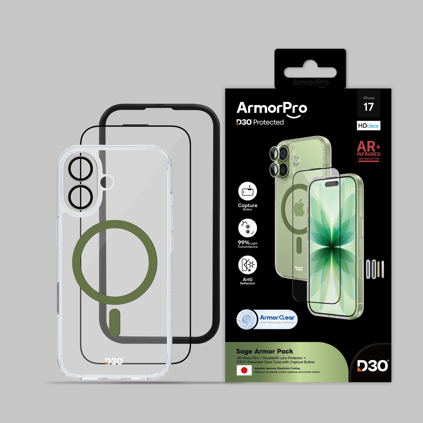 ArmorPro D3O 3-in-1 Combo with Capture Button  (HD Anti-Reflective Screen Protector & DoubleAR Camera Lens & D3O Clear Case with MagSafe) for iPhone 17