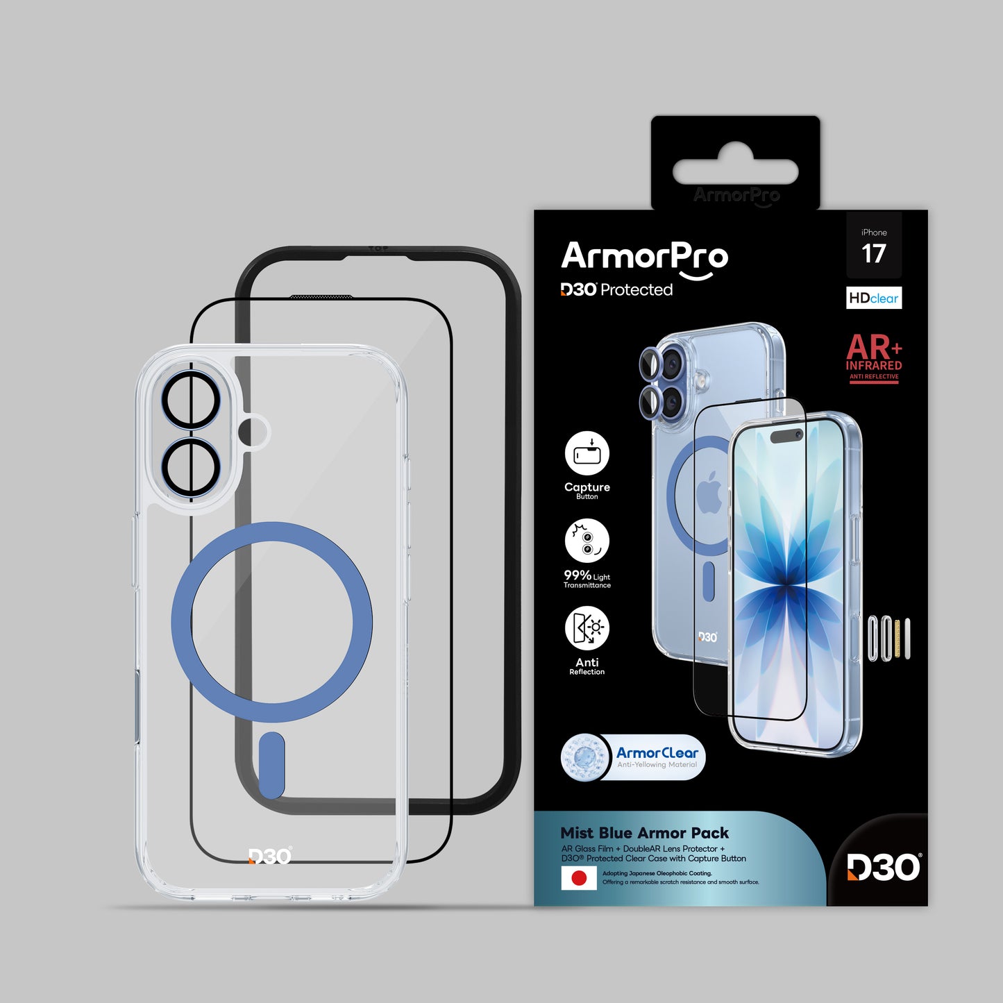 ArmorPro D3O 3-in-1 Combo with Capture Button  (HD Anti-Reflective Screen Protector & DoubleAR Camera Lens & D3O Clear Case with MagSafe) for iPhone 17