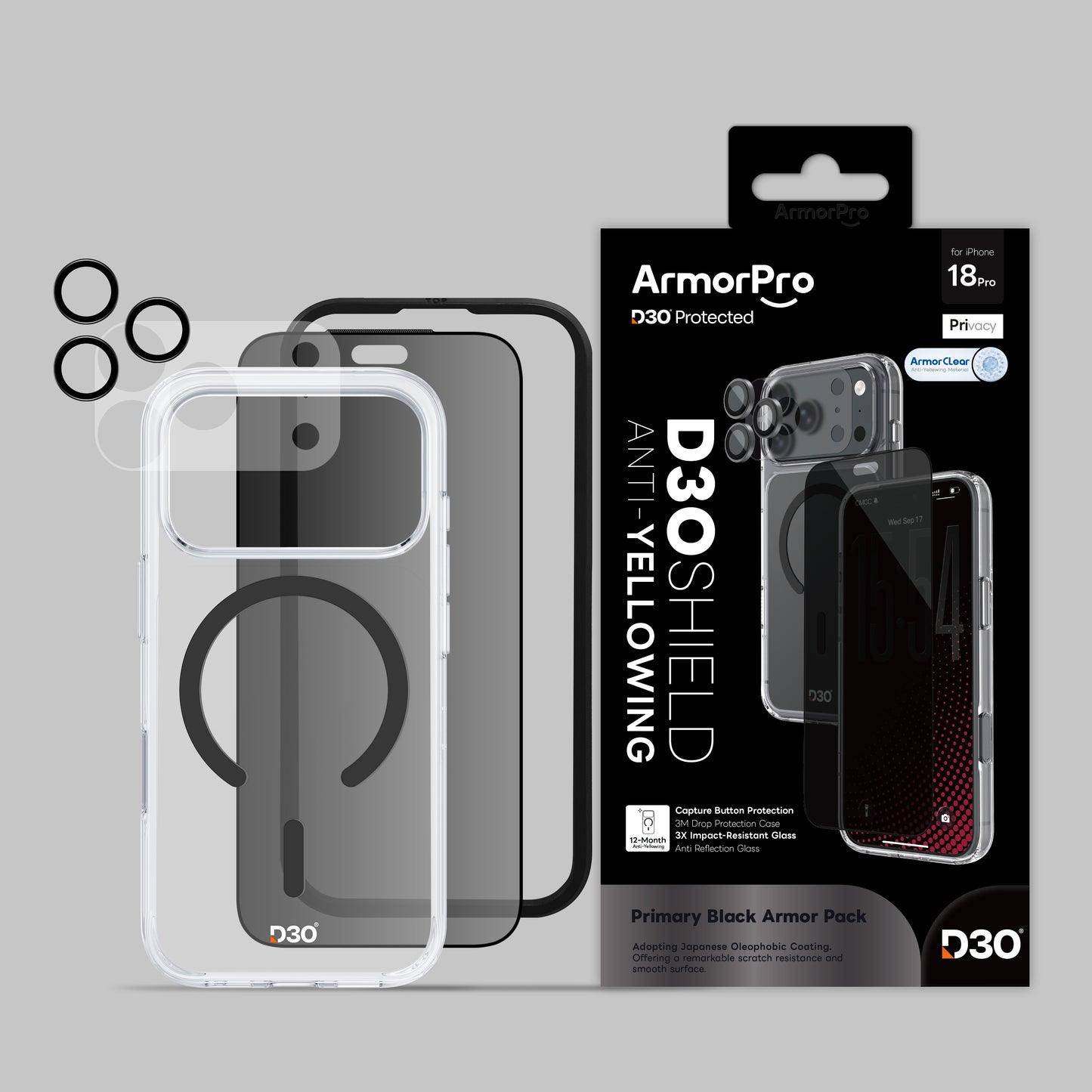 ArmorPro D3O 4-in-1 Combo with Capture Button (Privacy Anti-Reflective Screen Protector & DoubleAR Camera Lens & D3O Clear Case with Black MagSafe & Lens Module Protection Film) for iP18 Series