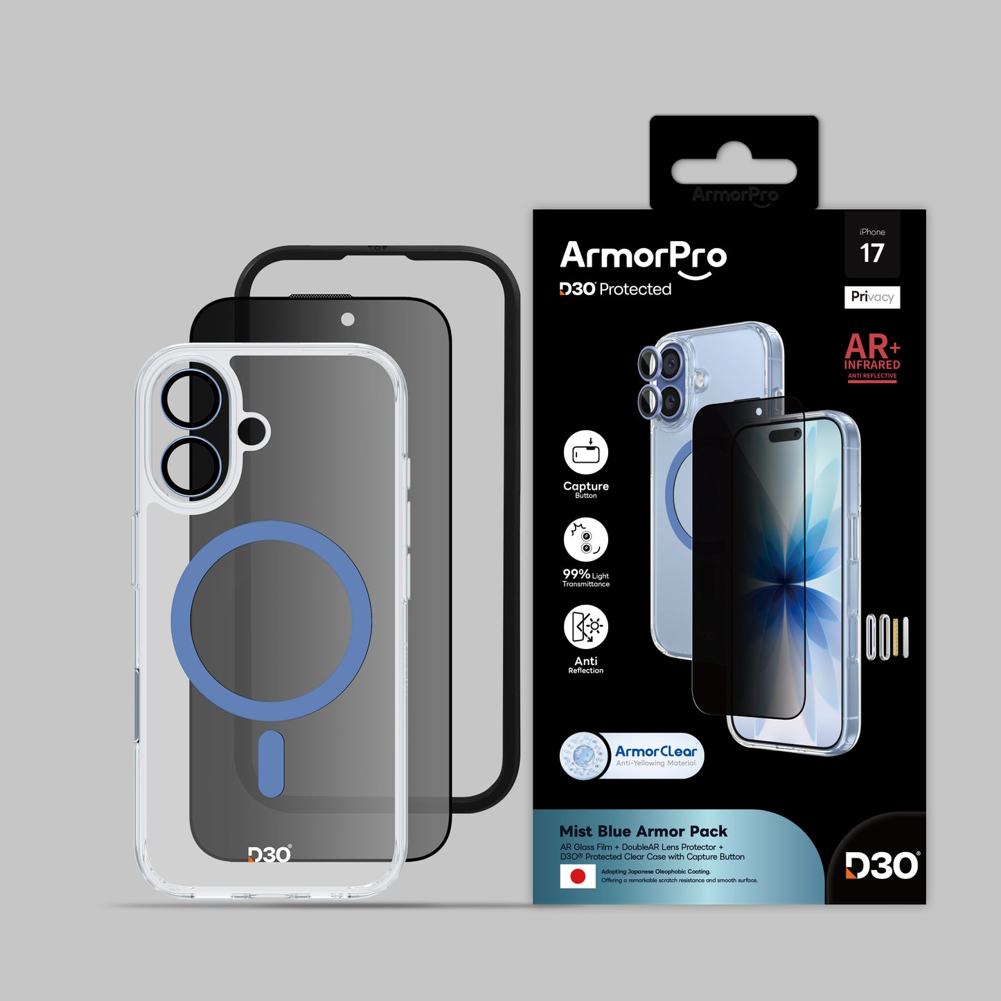 ArmorPro D3O 3-in-1 Combo with Capture Button  (Privacy Anti-Reflective Screen Protector & DoubleAR Camera Lens & D3O Clear Case with  MagSafe) for iPhone 17