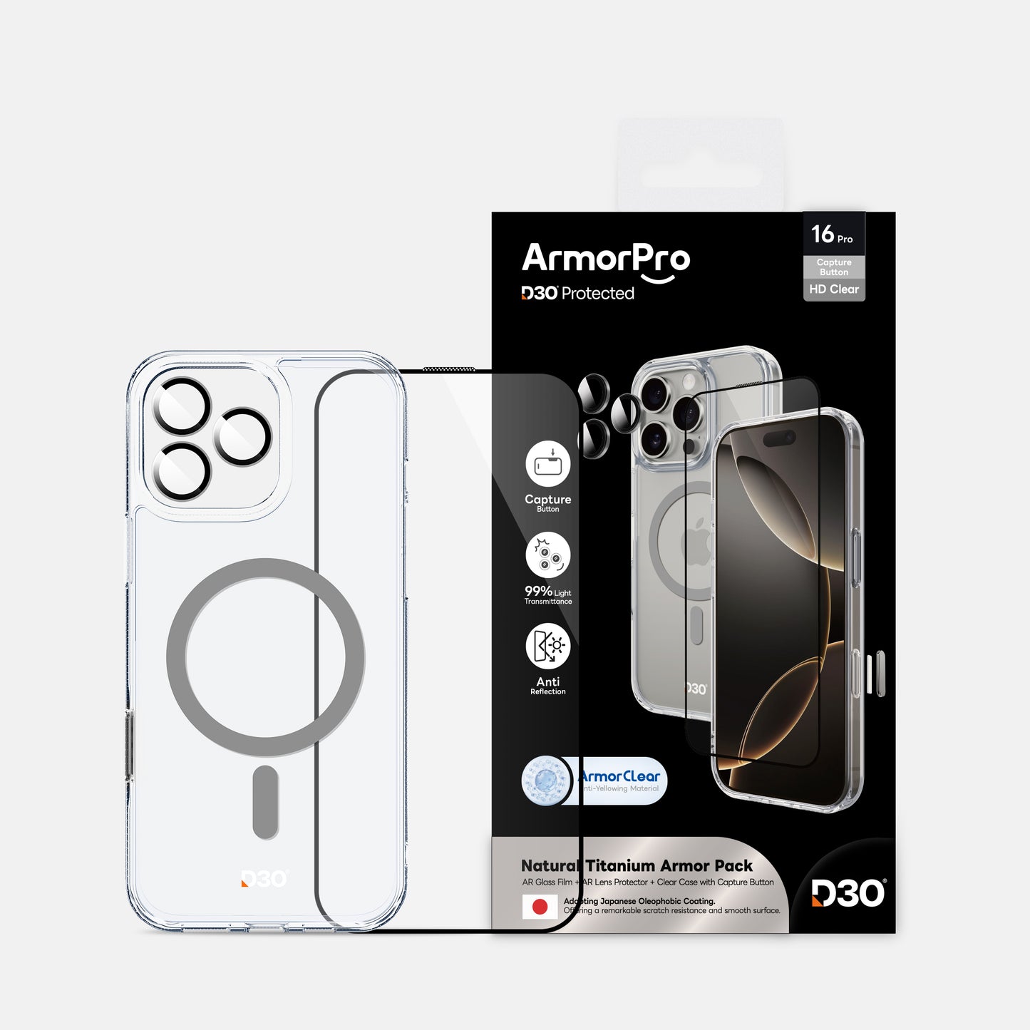 ArmorPro D3O 3-in-1 Combo (HD Anti-Reflective Screen Protector & DoubleAR Camera Lens & D3O Clear Case with Titanium MagSafe) for iPhone 16 Pro & iPhone 16 Pro Max