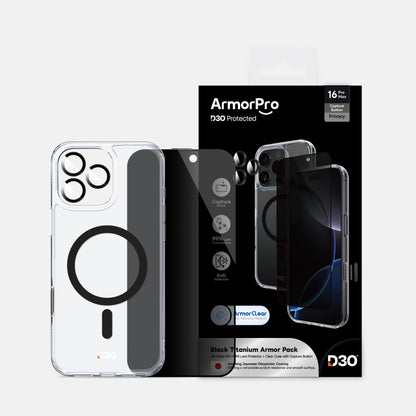 ArmorPro D3O 3-in-1 Combo (Privacy Anti-Reflective Screen Protector & DoubleAR Camera Lens & D3O Clear Case with Black MagSafe) for iPhone 16 Pro & iPhone 16 Pro Max