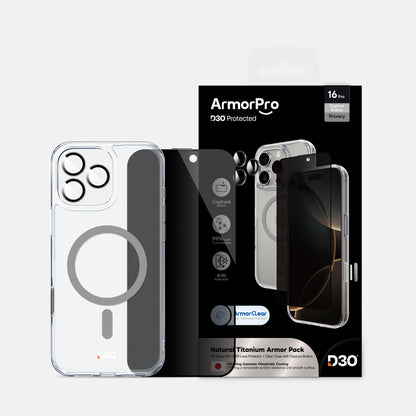 ArmorPro D3O 3-in-1 Combo (Privacy Anti-Reflective Screen Protector & DoubleAR Camera Lens & D3O Clear Case with Titanium MagSafe) for iPhone 16 Pro & iPhone 16 Pro Max