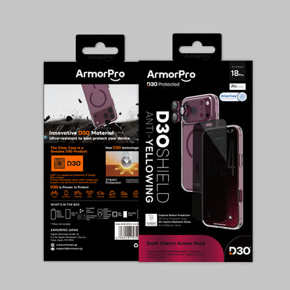 ArmorPro D3O 4-in-1 Combo with Capture Button (Privacy Anti-Reflective Screen Protector & DoubleAR Camera Lens & D3O Clear Case with Dark Cherry MagSafe & Lens Module Protection Film) for iP18 Series