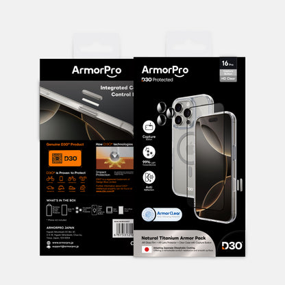 ArmorPro D3O 3-in-1 Combo (HD Anti-Reflective Screen Protector & DoubleAR Camera Lens & D3O Clear Case with Titanium MagSafe) for iPhone 16 Pro & iPhone 16 Pro Max