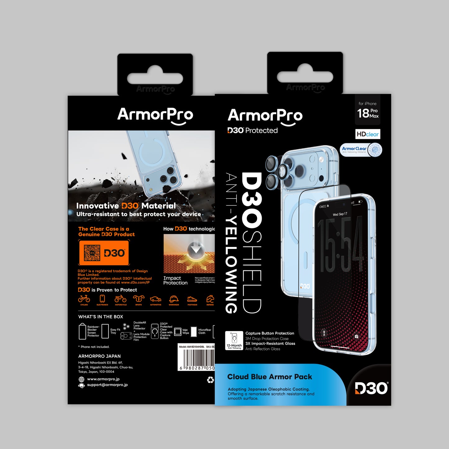 ArmorPro D3O 4-in-1 Combo with Capture Button (HD Anti-Reflective Screen Protector & DoubleAR Camera Lens & D3O Clear Case with Cloud Blue MagSafe & Lens Module Protection Film) for iP18 Series
