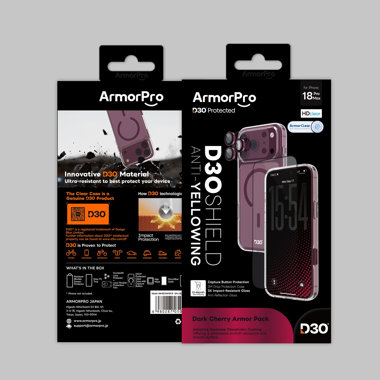 ArmorPro D3O 4-in-1 Combo with Capture Button  (HD Anti-Reflective Screen Protector & DoubleAR Camera Lens & D3O Clear Case with Dark Cherry MagSafe & Lens Module Protection Film) for iP18 Series