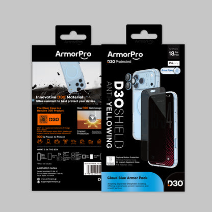 ArmorPro D3O 4-in-1 Combo with Capture Button (Privacy Anti-Reflective Screen Protector & DoubleAR Camera Lens & D3O Clear Case with Cloud Blue MagSafe & Lens Module Protection Film) for iP18 Series