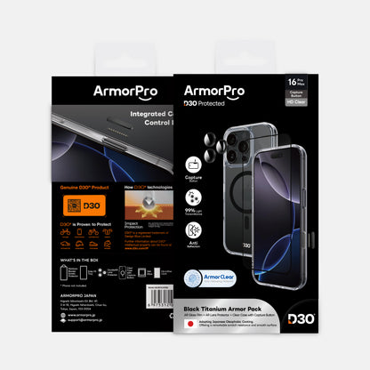 ArmorPro D3O 3-in-1 Combo (HD Anti-Reflective Screen Protector & DoubleAR Camera Lens & D3O Clear Case with Black MagSafe) for iPhone 16 Pro & iPhone 16 Pro Max