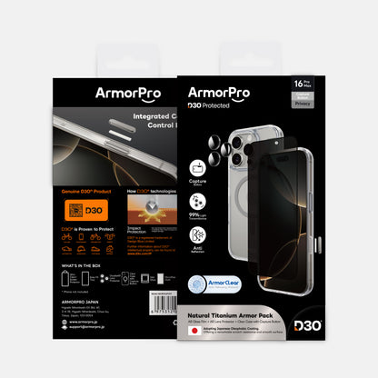 ArmorPro D3O 3-in-1 Combo (Privacy Anti-Reflective Screen Protector & DoubleAR Camera Lens & D3O Clear Case with Titanium MagSafe) for iPhone 16 Pro & iPhone 16 Pro Max