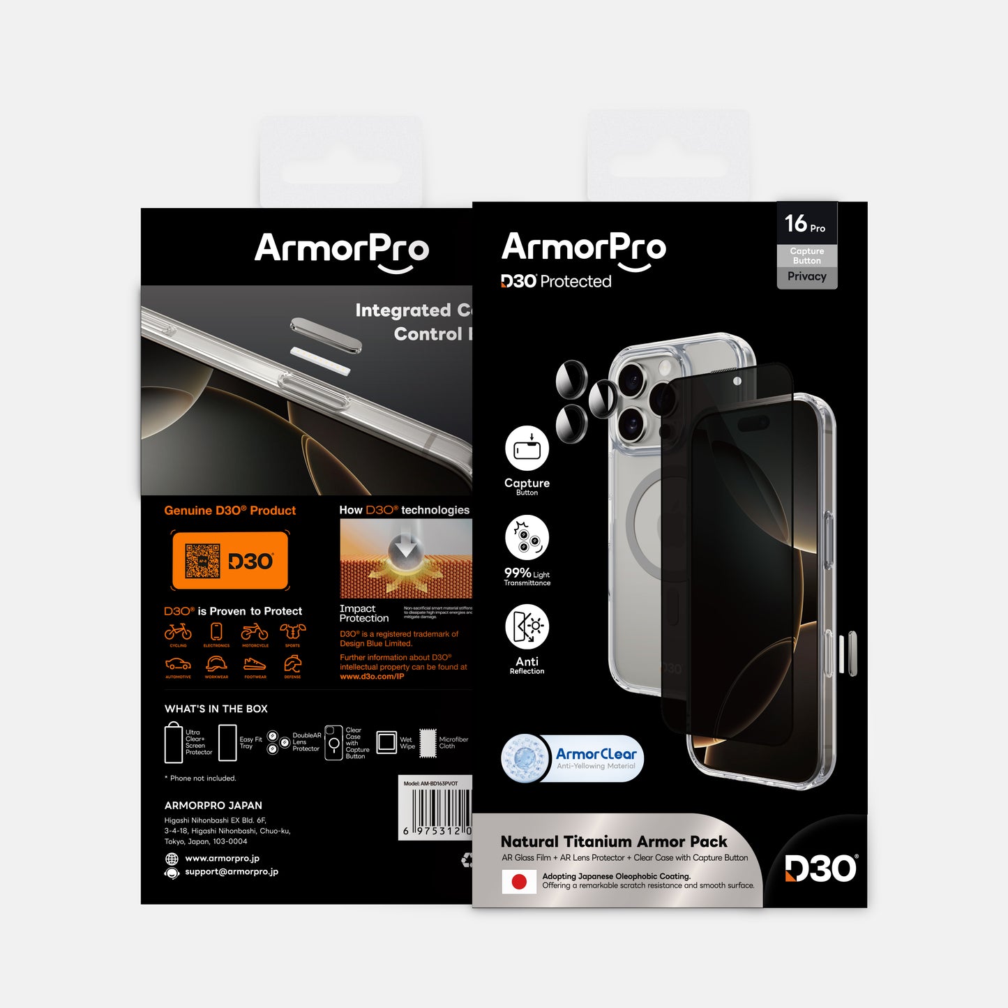 ArmorPro D3O 3-in-1 Combo (Privacy Anti-Reflective Screen Protector & DoubleAR Camera Lens & D3O Clear Case with Titanium MagSafe) for iPhone 16 Pro & iPhone 16 Pro Max