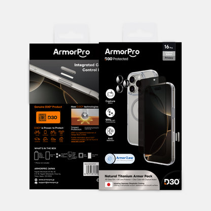 ArmorPro D3O 3-in-1 Combo (Privacy Anti-Reflective Screen Protector & DoubleAR Camera Lens & D3O Clear Case with Titanium MagSafe) for iPhone 16 Pro & iPhone 16 Pro Max